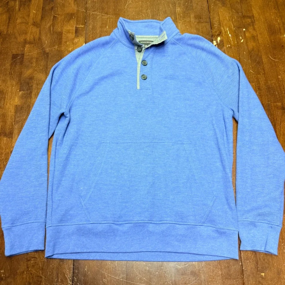 Banana Republic Pullover Mens XL Blue Textured Button Mock‎ Neck 676207-00